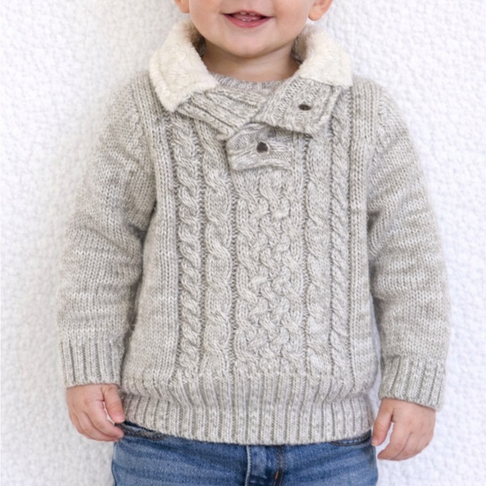 Little Lad gray cable knit fur lined collar button up baby boy sweater size 18M